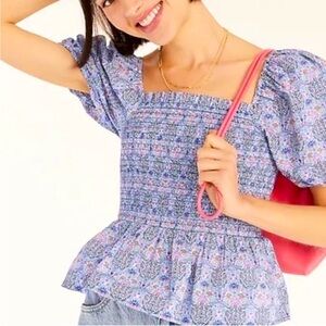 J. Crew Liberty Blue Purple Club Nouveau Floral Smocked Squareneck Top Size XS